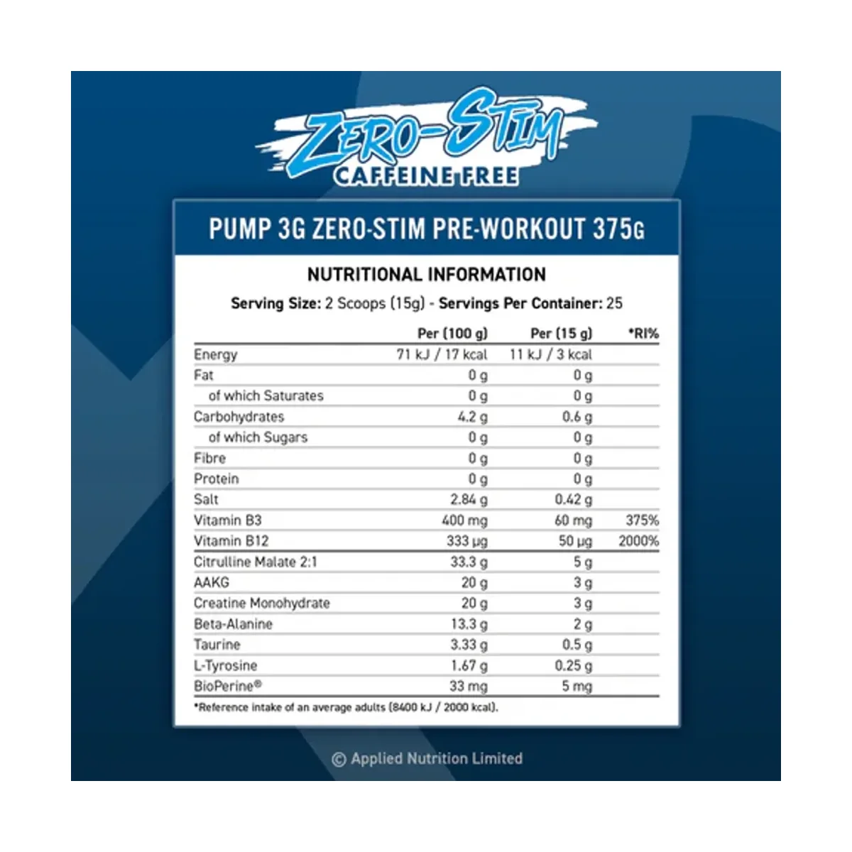 Applied Nutrition Pump 3G Pre-workout Zero Stim Icy Blue Raz 375g 2
